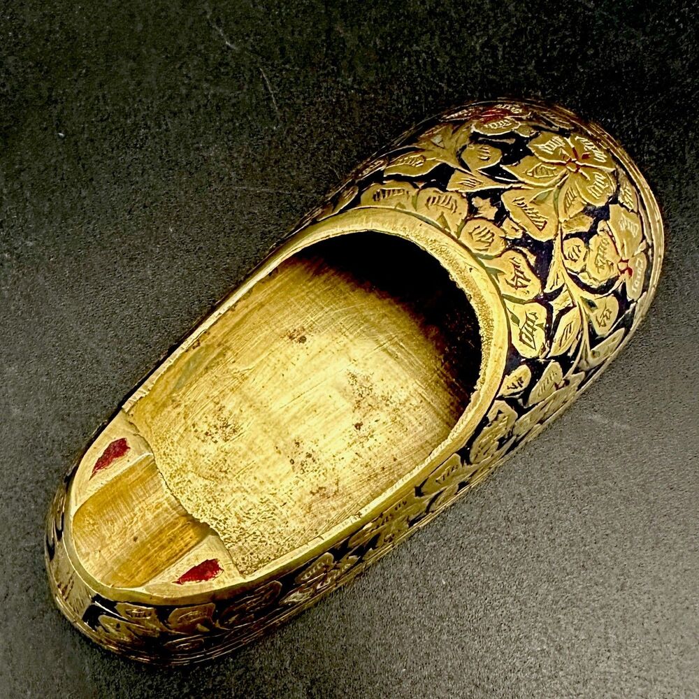 Vintage Indian Brass Floral Shoe Trinket Dish Slipper Ring Holder Vanity Decor